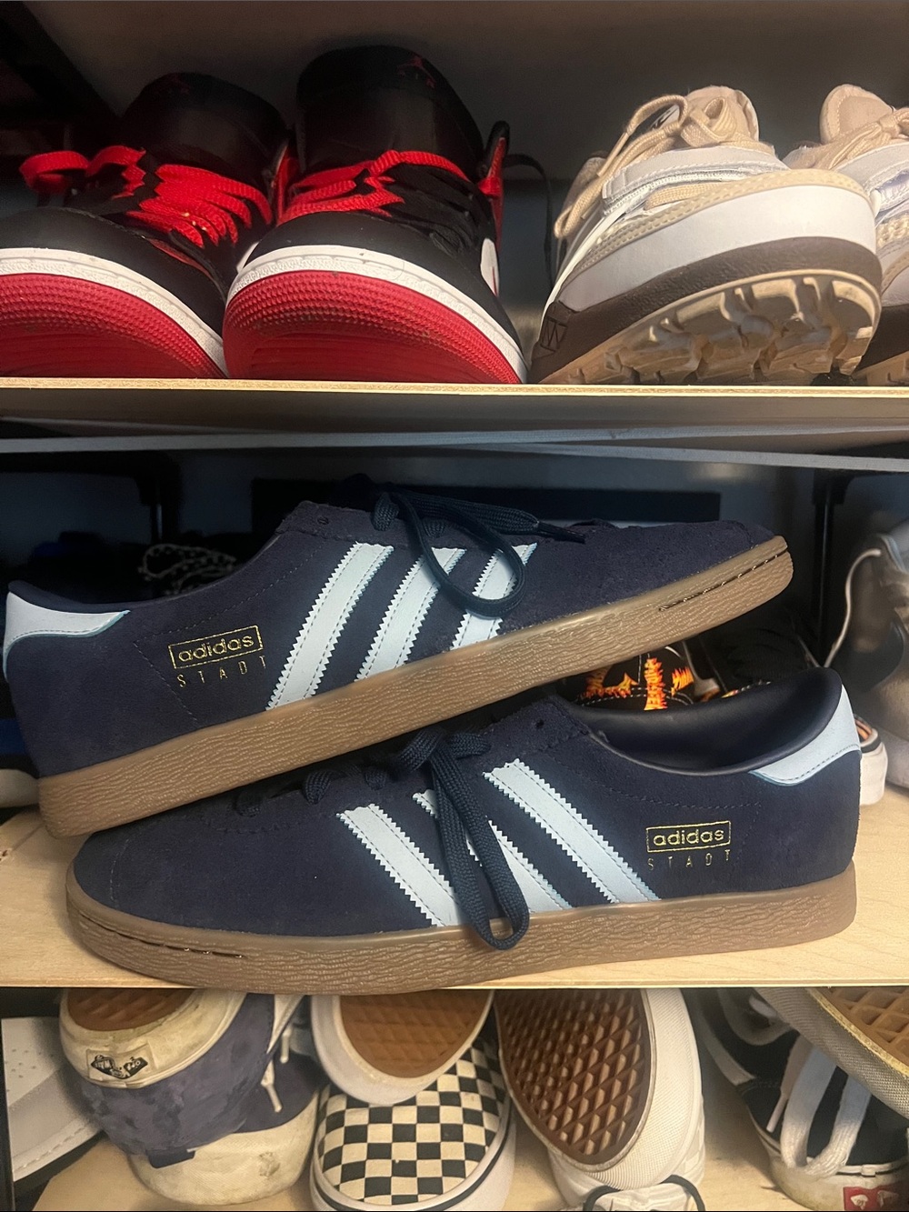 adidas STADT Navy Suede Sneakers with Baby Blue Stripes and Gum Sole